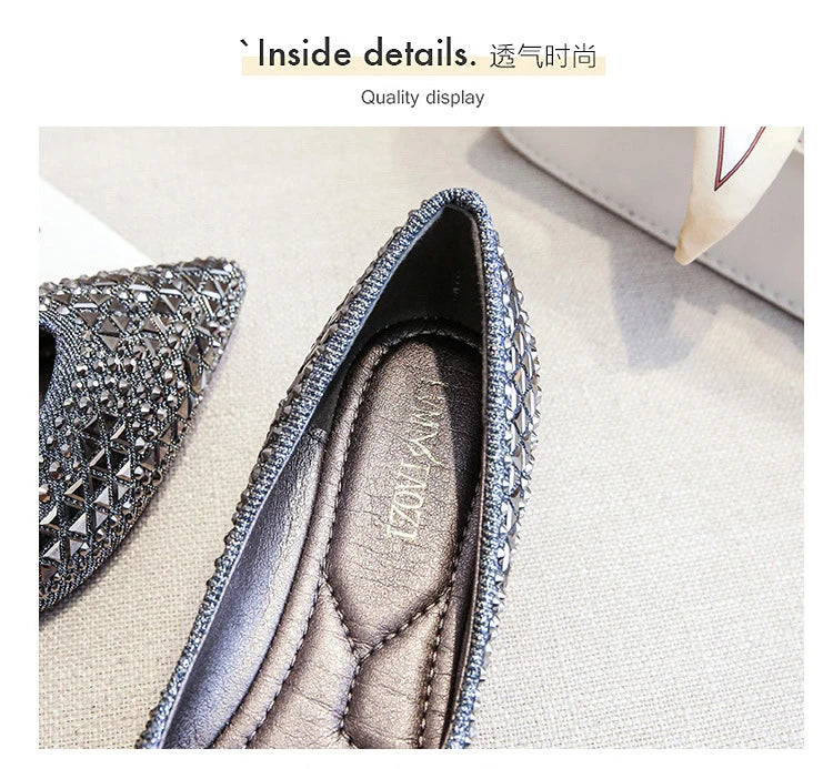 famous brand rivets flats women pointed toe glitter beading ballerian shoes shallow mouth sequined cloth moccasins plus size 43