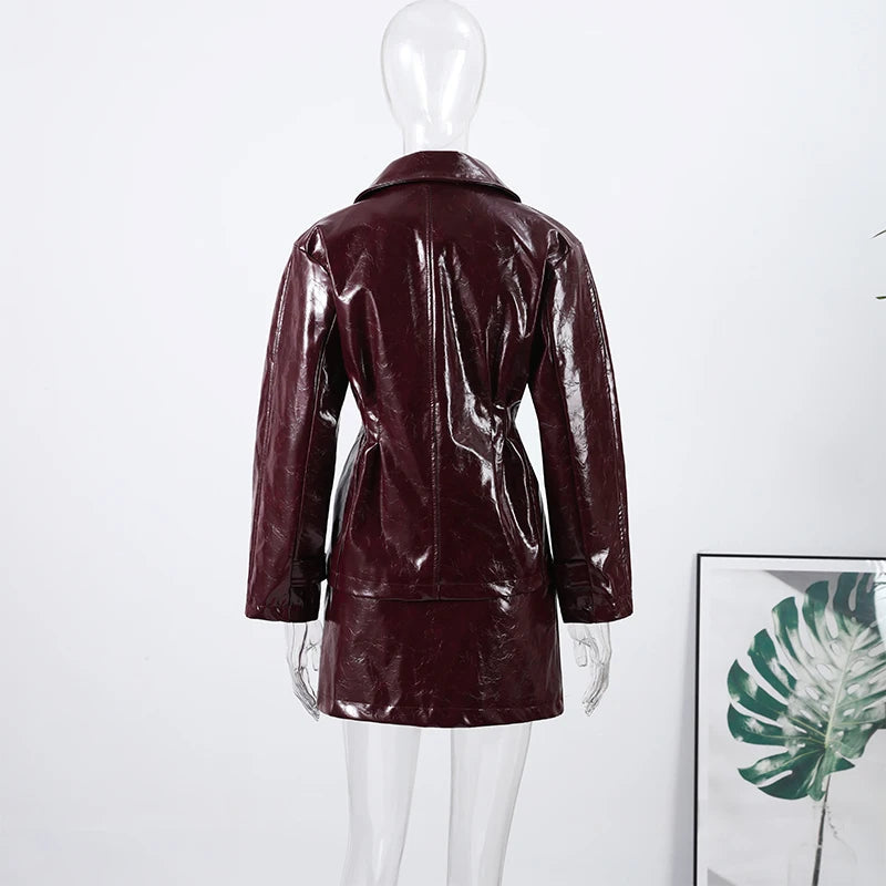 Retro Leather Blazers Short Skirts Suit Women's Stylish Lapel Double-breasted Jackets 2025 New Autumn Winter Ladies Streetwear