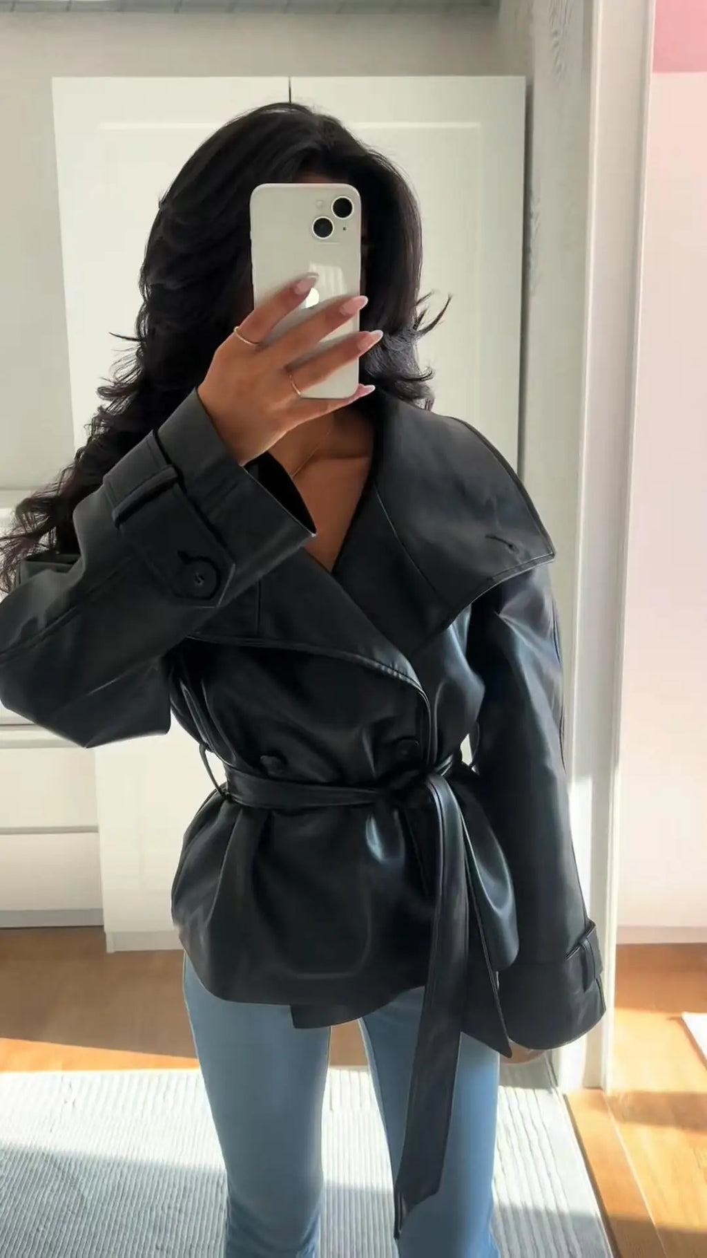 Street Women's Cropped Leather Jackets With Belt Lapel Double Breasted Pockets Full Sleeve Coat 2025 Autumn Lady Vintage Outwear