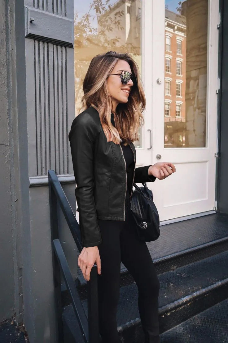 Autumn and Winter Women's Large Size Leather Jacket Fashionable Solid Color Slim Street Elegant Versatile Top PU Coat