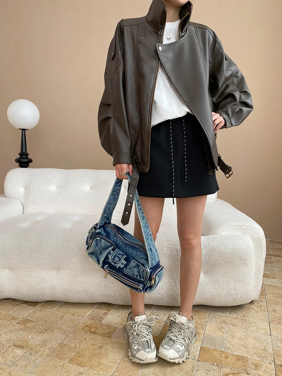 Spring and Autumn Women's Casual Solid Color Collar Long Sleeve Loose Jacket