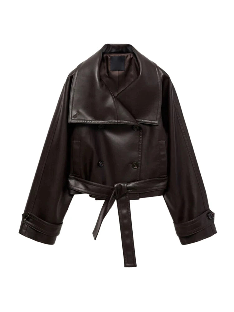 Street Women's Cropped Leather Jackets With Belt Lapel Double Breasted Pockets Full Sleeve Coat 2025 Autumn Lady Vintage Outwear