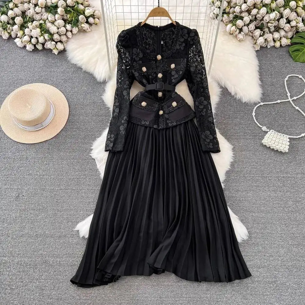 Runway Designer Summer Flower Embroidery Lace Chiffon Prom Dress Women Short Sleeve Single Breasted Midi Long Vestidos Party - SalmanStore 