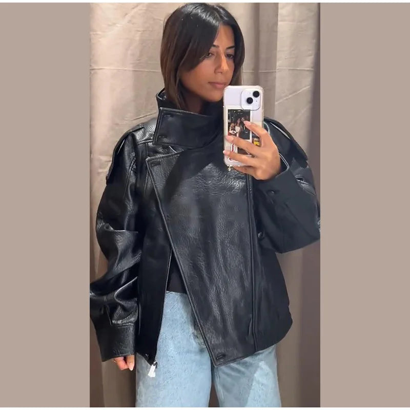 Retro Stand Collar PU Leather Jacket Women Classic Casual Zipper Single Breasted Black Jackets Lady 2025 Autumn Chic Streetwear