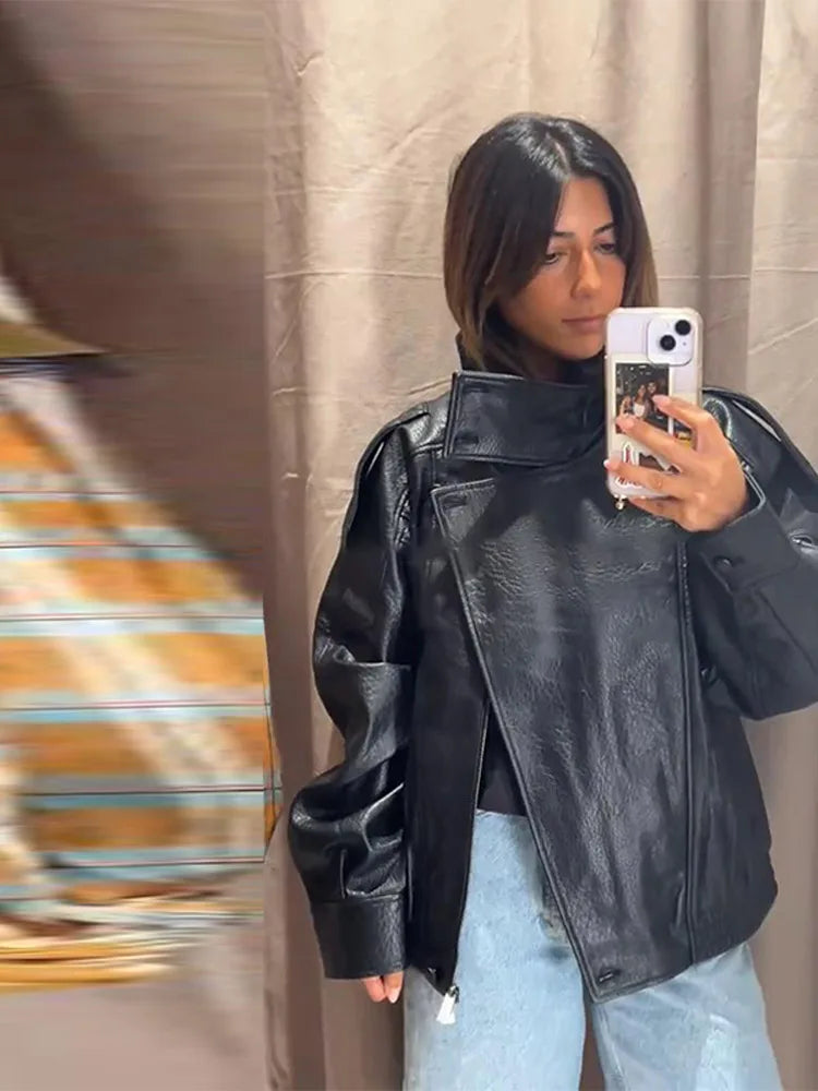 Retro Stand Collar PU Leather Jacket Women Classic Casual Zipper Single Breasted Black Jackets Lady 2025 Autumn Chic Streetwear