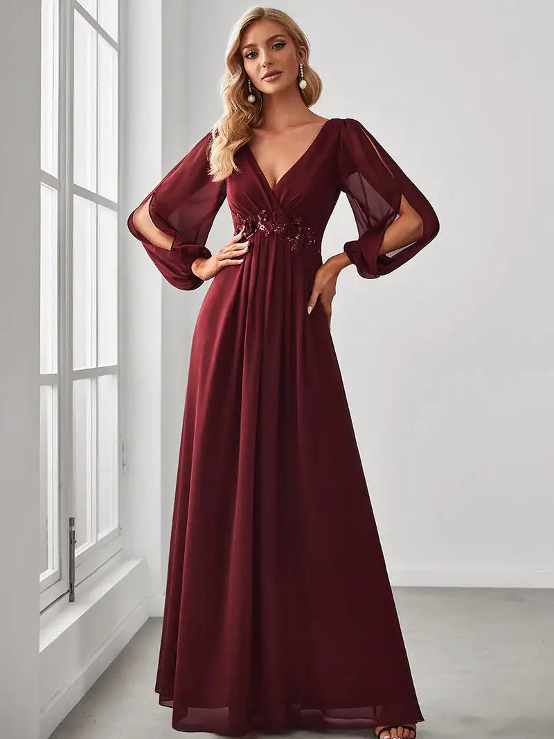 Elegant Evening Dresses Long Lantern Sleeves V-neck 2025 ever pretty of A-LINE Chiffon Burgundy flower beltbelt Prom Dress Women - SalmanStore 