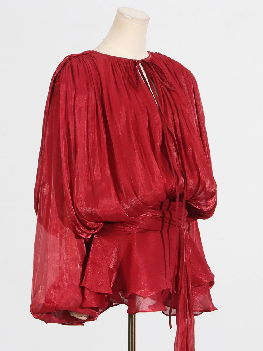 GALCAUR Solid Loose Splicd Lace Up Dresses For Women V Neck Long Sleeves Patchwork Ruffles Tunic Dreses Female Fashio New