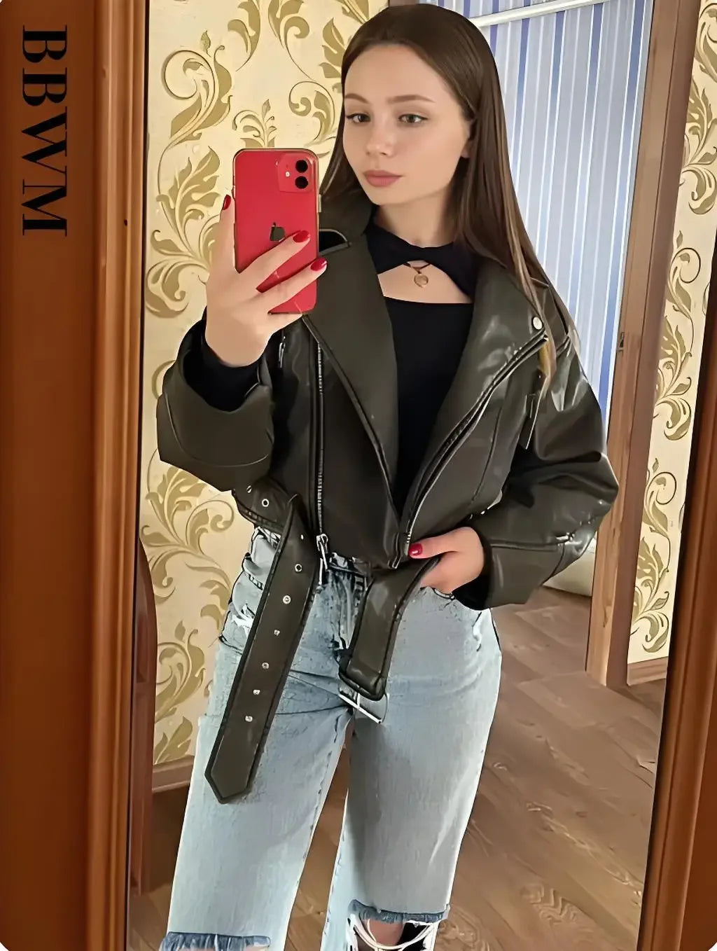 Women Vintage Loose Washed Faux Leather Short Jacket Streetwear Female Zipper Belt Moto Biker Retro Coat Outwear Tops