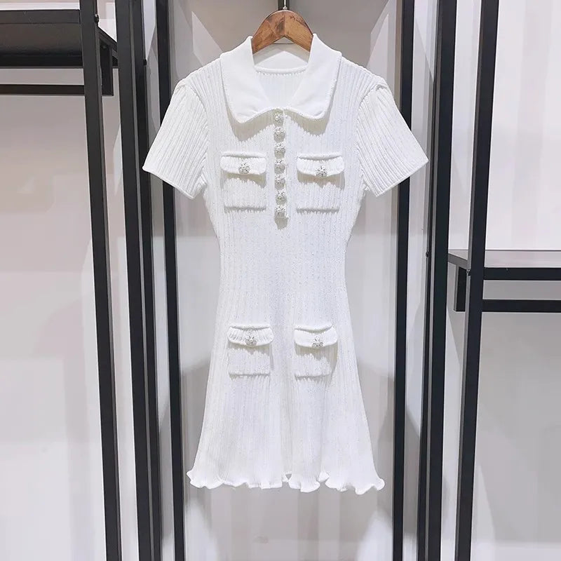 2024 Spring/Summer New Polo Neck Short Sleeve Knitted Dress Y2K Fashion Commuter Elastic Slim Fit Multi Pocket Wrapped Hip Skirt