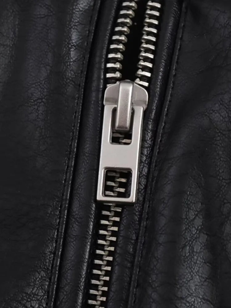 Vintage Textured Leather Jacket Coat Matte Zipper Lapel Commuting Loose Women Motorcycle Jackets Street Trendy Short Outwear Top