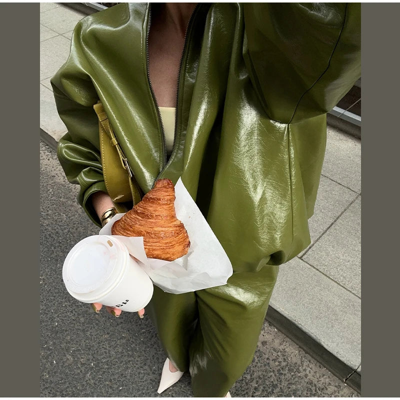 Vintage Green Leather Skirts Jackets Suit Women's Slim Zipper Coat With Pocket Split Skirt 2025 New Winter Autumn Ladies Outwear