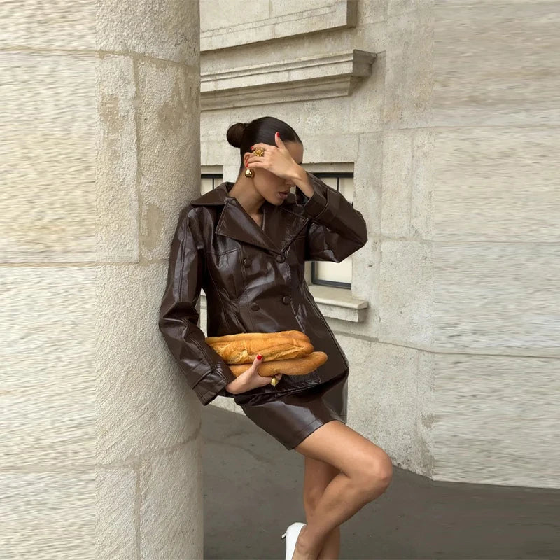 Retro Leather Blazers Short Skirts Suit Women's Stylish Lapel Double-breasted Jackets 2025 New Autumn Winter Ladies Streetwear