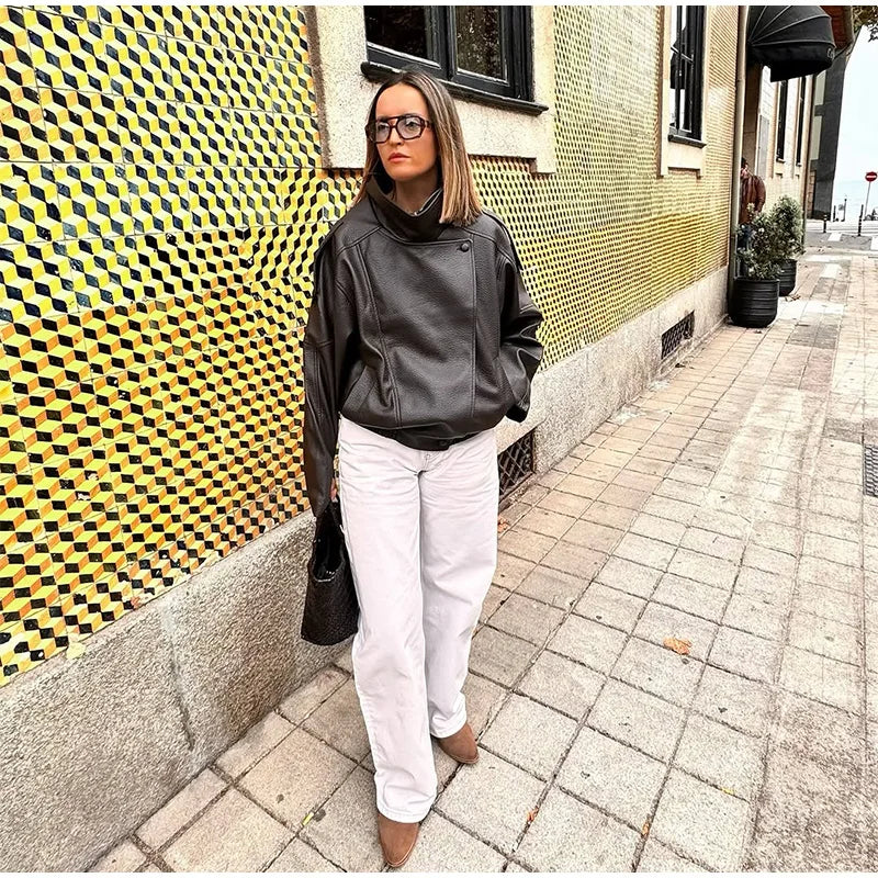 Retro Stand Collar PU Leather Jacket Women Classic Casual Zipper Single Breasted Black Jackets Lady 2025 Autumn Chic Streetwear