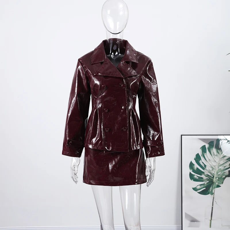 Retro Leather Blazers Short Skirts Suit Women's Stylish Lapel Double-breasted Jackets 2025 New Autumn Winter Ladies Streetwear