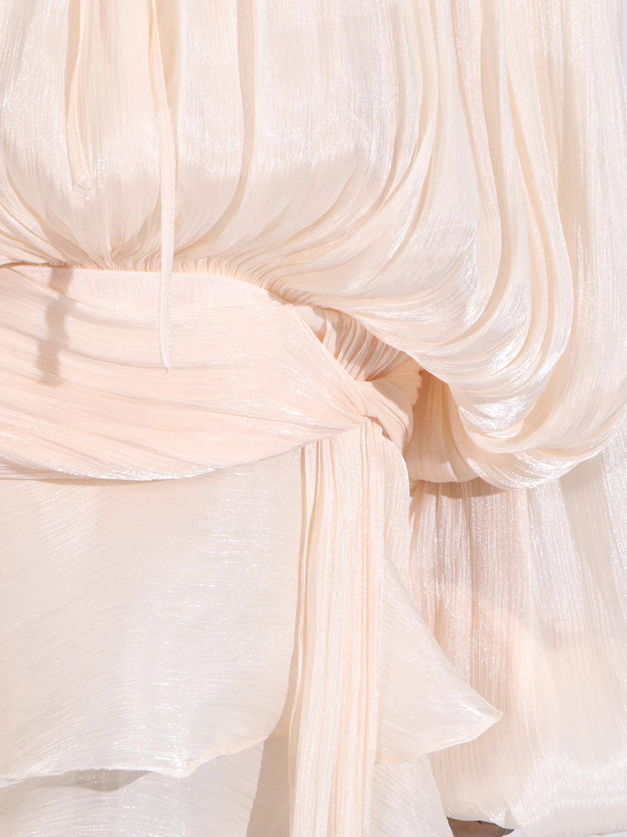 GALCAUR Solid Loose Splicd Lace Up Dresses For Women V Neck Long Sleeves Patchwork Ruffles Tunic Dreses Female Fashio New