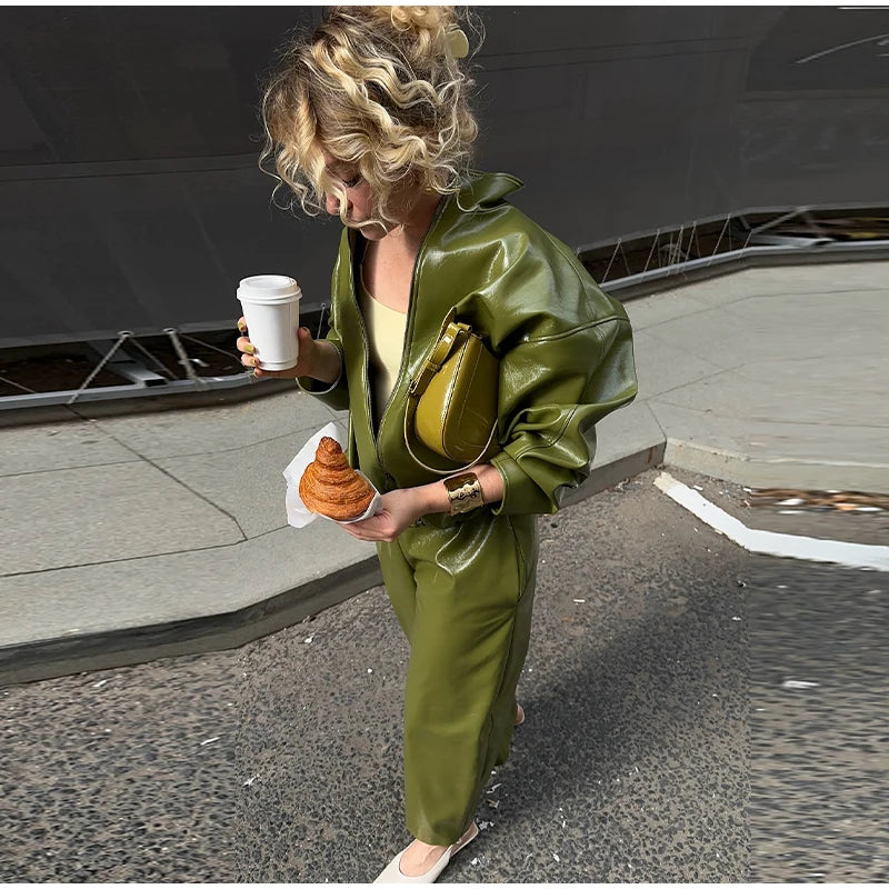 Vintage Green Leather Skirts Jackets Suit Women's Slim Zipper Coat With Pocket Split Skirt 2025 New Winter Autumn Ladies Outwear