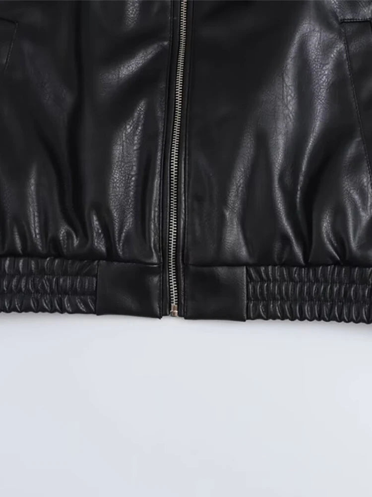Vintage Textured Leather Jacket Coat Matte Zipper Lapel Commuting Loose Women Motorcycle Jackets Street Trendy Short Outwear Top
