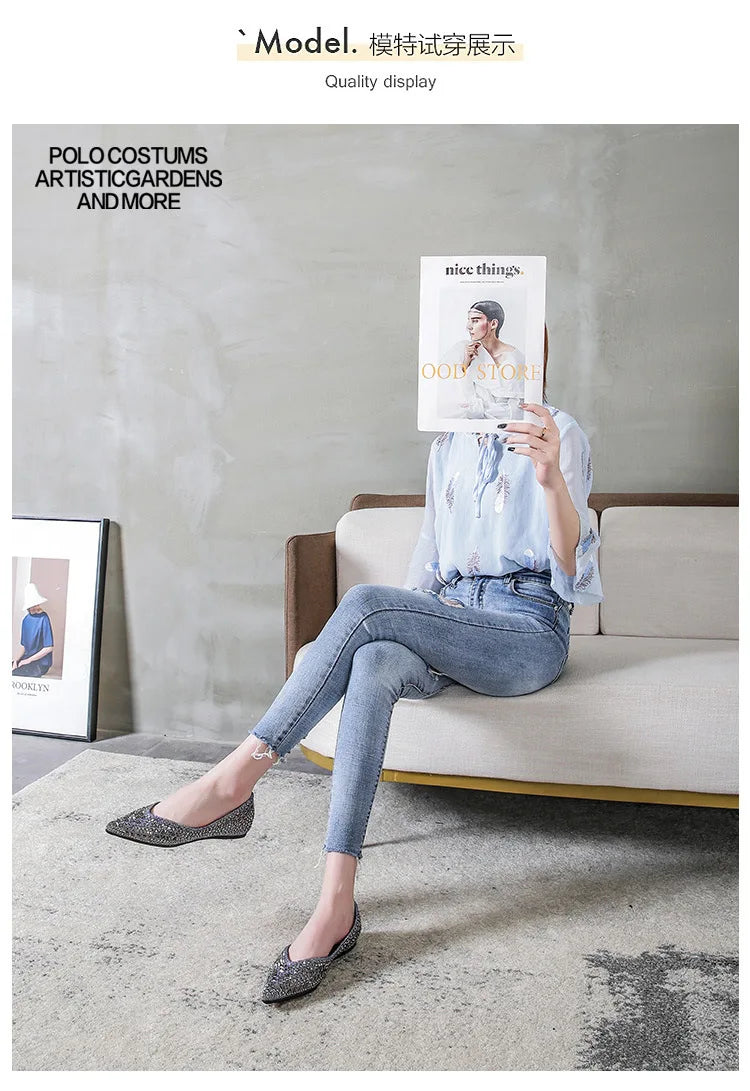 famous brand rivets flats women pointed toe glitter beading ballerian shoes shallow mouth sequined cloth moccasins plus size 43