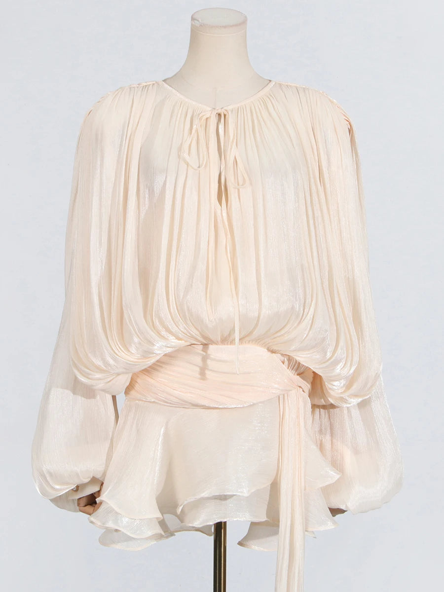 GALCAUR Solid Loose Splicd Lace Up Dresses For Women V Neck Long Sleeves Patchwork Ruffles Tunic Dreses Female Fashio New