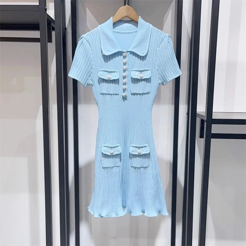 2024 Spring/Summer New Polo Neck Short Sleeve Knitted Dress Y2K Fashion Commuter Elastic Slim Fit Multi Pocket Wrapped Hip Skirt