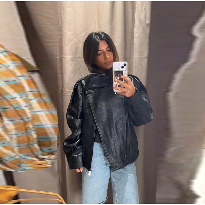 Retro Stand Collar PU Leather Jacket Women Classic Casual Zipper Single Breasted Black Jackets Lady 2025 Autumn Chic Streetwear