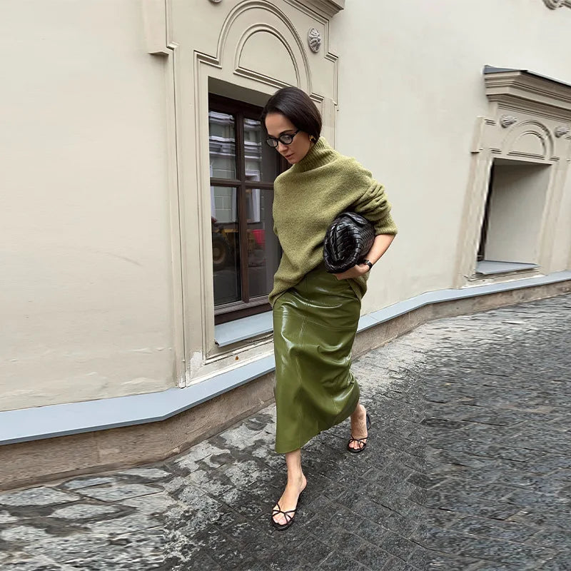 Street Zipper Leather Jackets Skirts Sets Women Loose Stand Collar Full Sleeve Coat Straight Skirt 2025 Autumn Winter Lady Suit