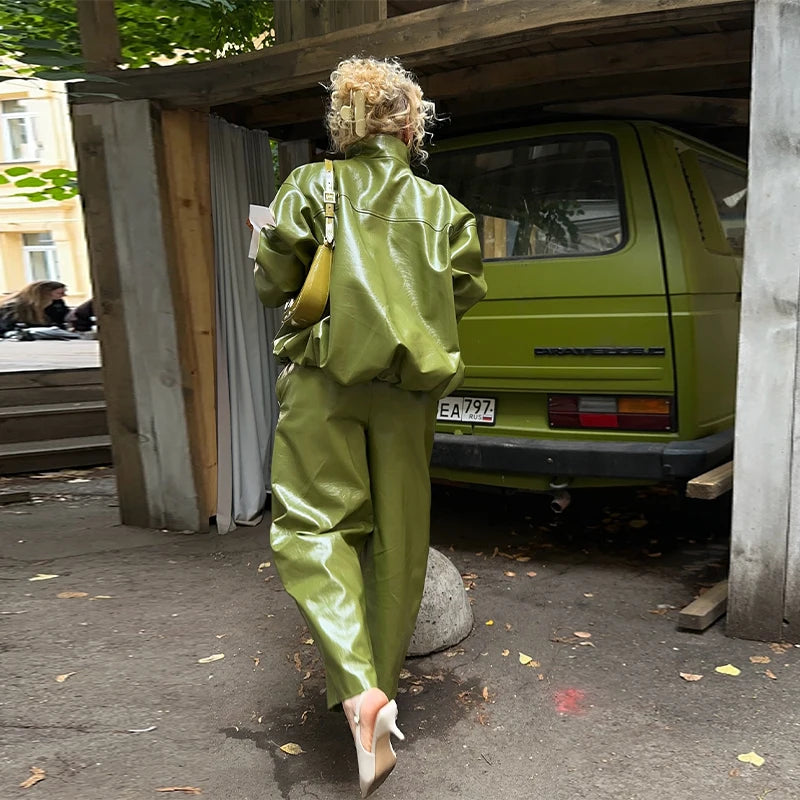 Street Zipper Leather Jackets Skirts Sets Women Loose Stand Collar Full Sleeve Coat Straight Skirt 2025 Autumn Winter Lady Suit