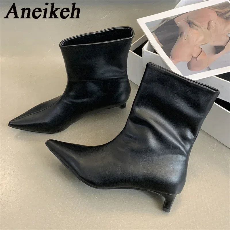 Aneikeh 2026 Autumn Fashion Thin Low Heel Pointed Toe Women Ankle Boots Ladies SHort Modern Shoes Party Pumps Botas Mujer