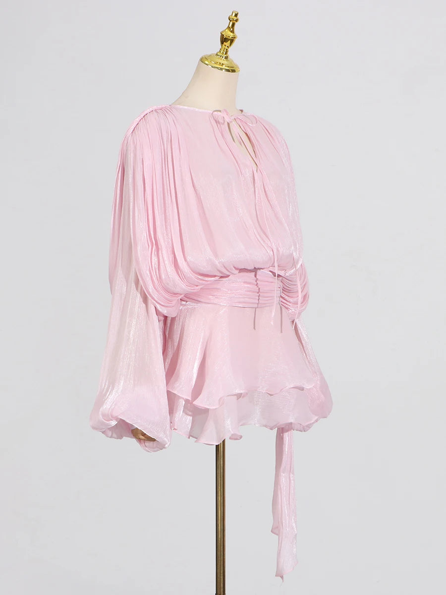 GALCAUR Solid Loose Splicd Lace Up Dresses For Women V Neck Long Sleeves Patchwork Ruffles Tunic Dreses Female Fashio New