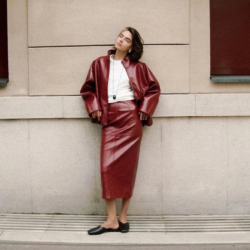 Street Zipper Leather Jackets Skirts Sets Women Loose Stand Collar Full Sleeve Coat Straight Skirt 2025 Autumn Winter Lady Suit