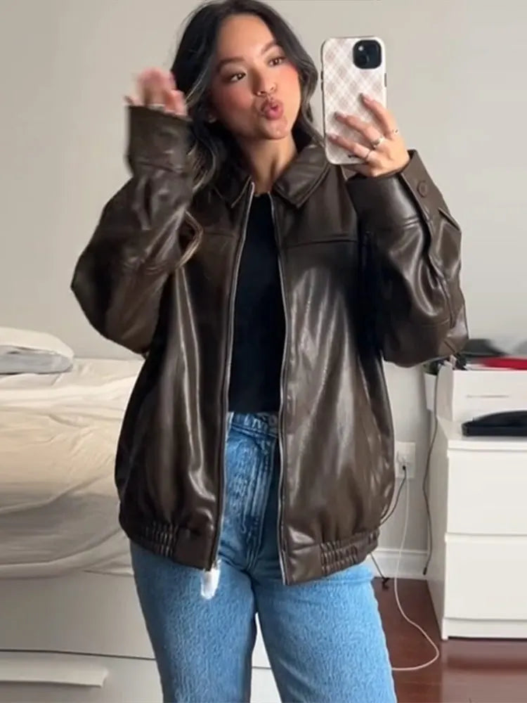 Vintage Textured Leather Jacket Coat Matte Zipper Lapel Commuting Loose Women Motorcycle Jackets Street Trendy Short Outwear Top