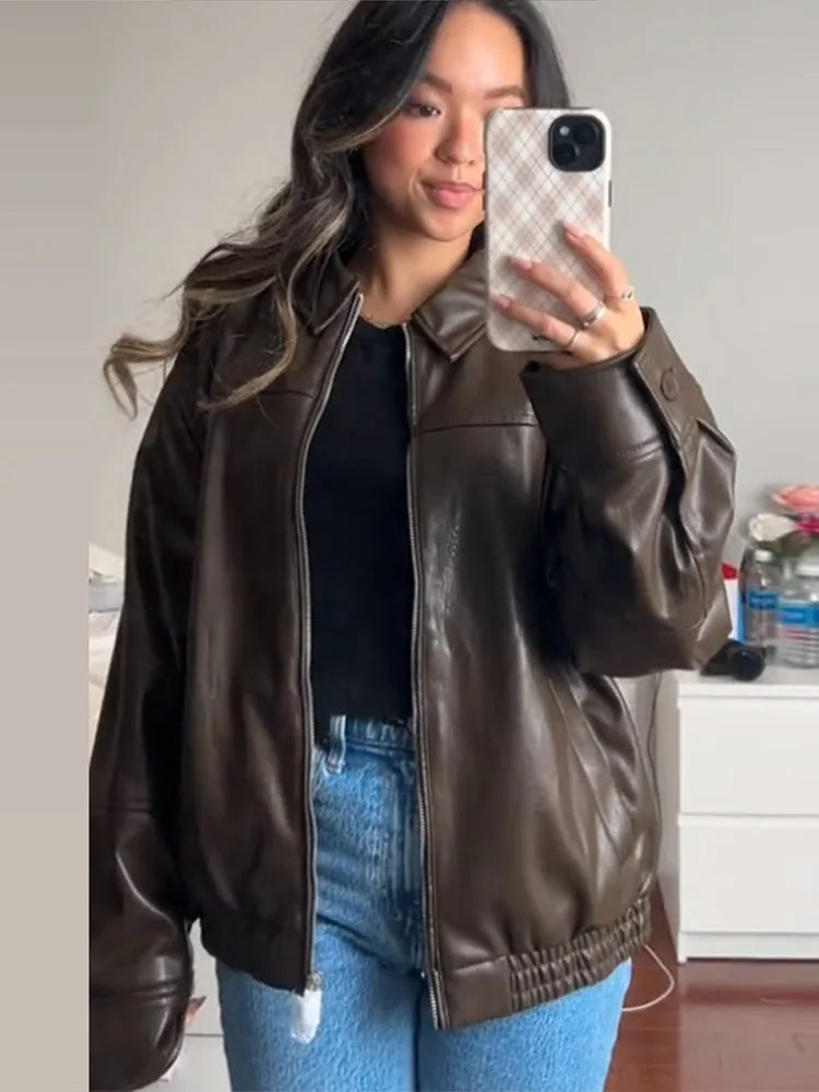 Vintage Textured Leather Jacket Coat Matte Zipper Lapel Commuting Loose Women Motorcycle Jackets Street Trendy Short Outwear Top