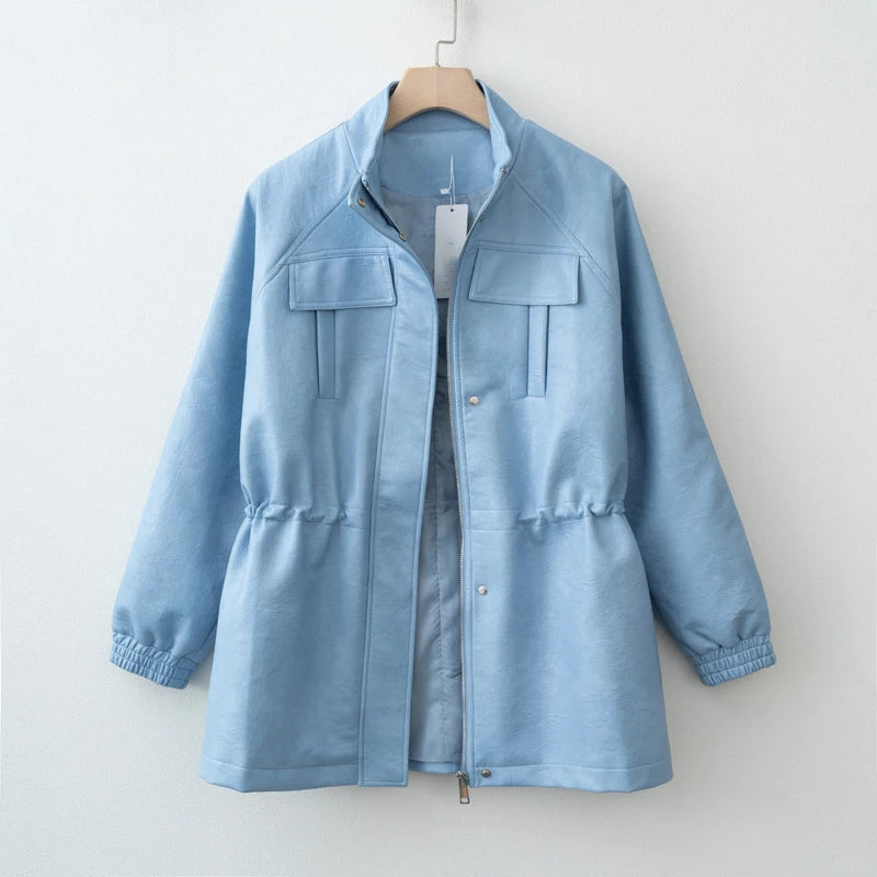 Autumn Winter Pu Leather Jacket For Women Solid Full Sleeve Elastic Adjustable Waist Coat 2025 New Lady Fashion Casual Outwears