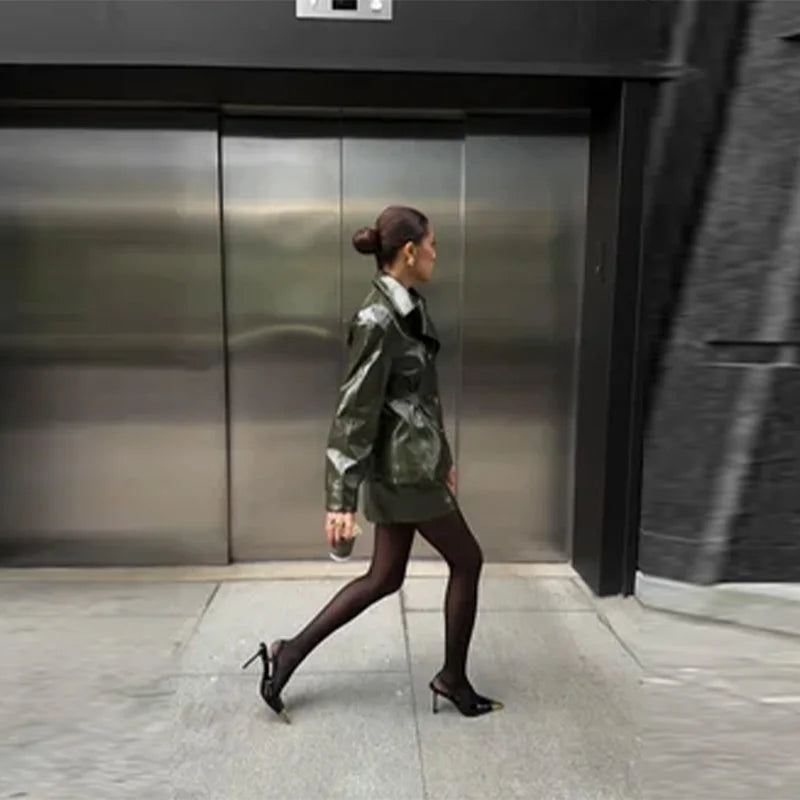 Retro Leather Blazers Short Skirts Suit Women's Stylish Lapel Double-breasted Jackets 2025 New Autumn Winter Ladies Streetwear