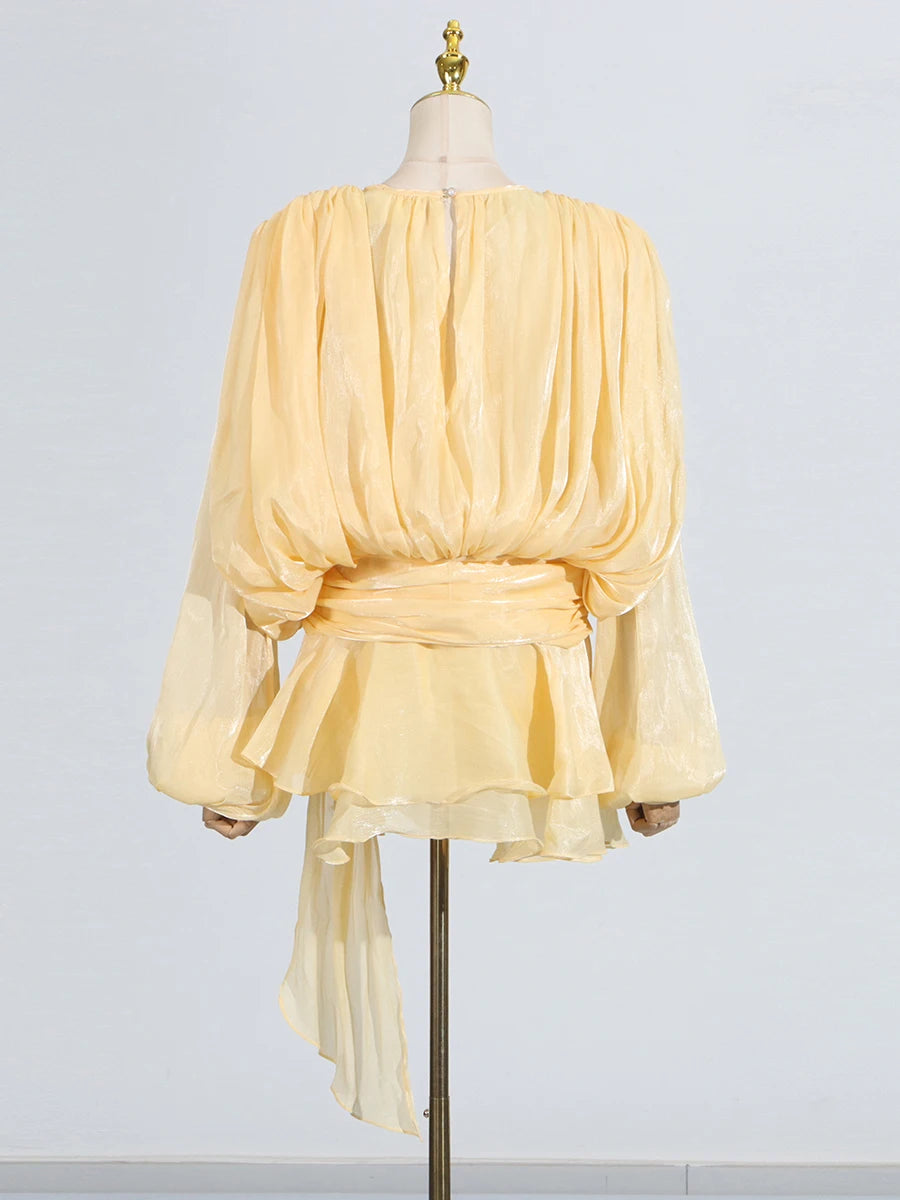 GALCAUR Solid Loose Splicd Lace Up Dresses For Women V Neck Long Sleeves Patchwork Ruffles Tunic Dreses Female Fashio New