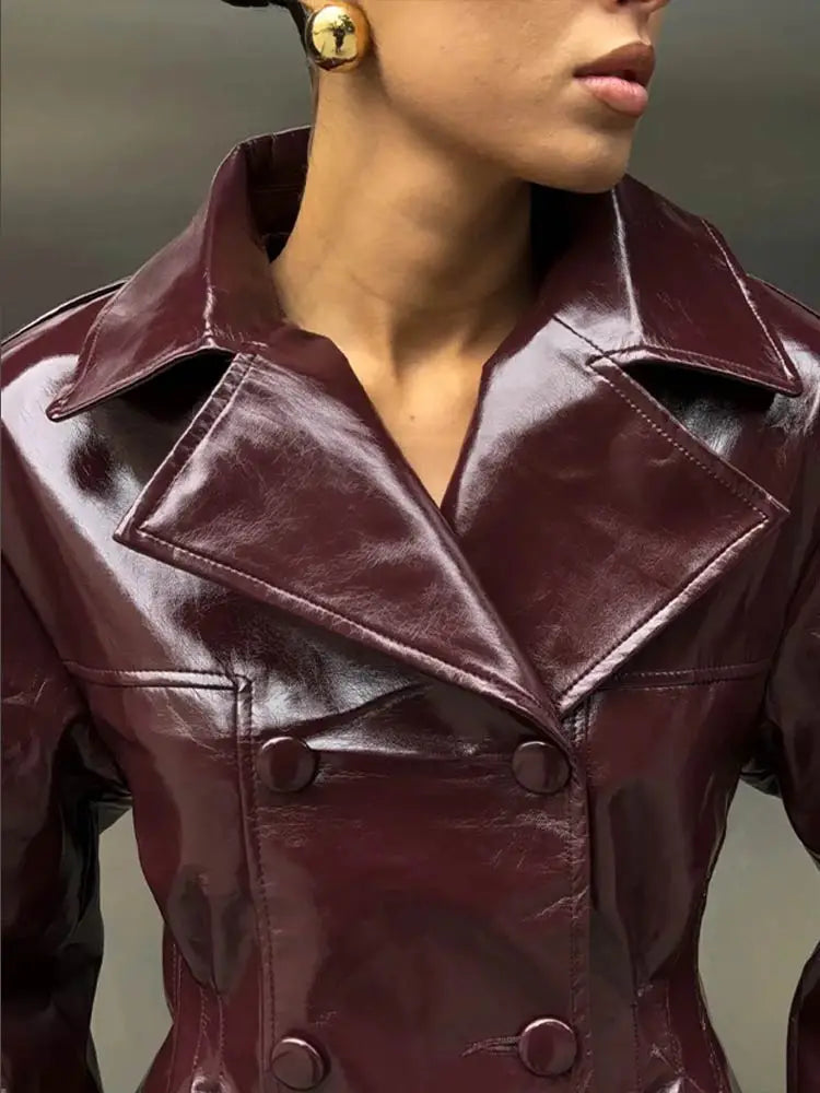 Retro Leather Blazers Short Skirts Suit Women's Stylish Lapel Double-breasted Jackets 2025 New Autumn Winter Ladies Streetwear