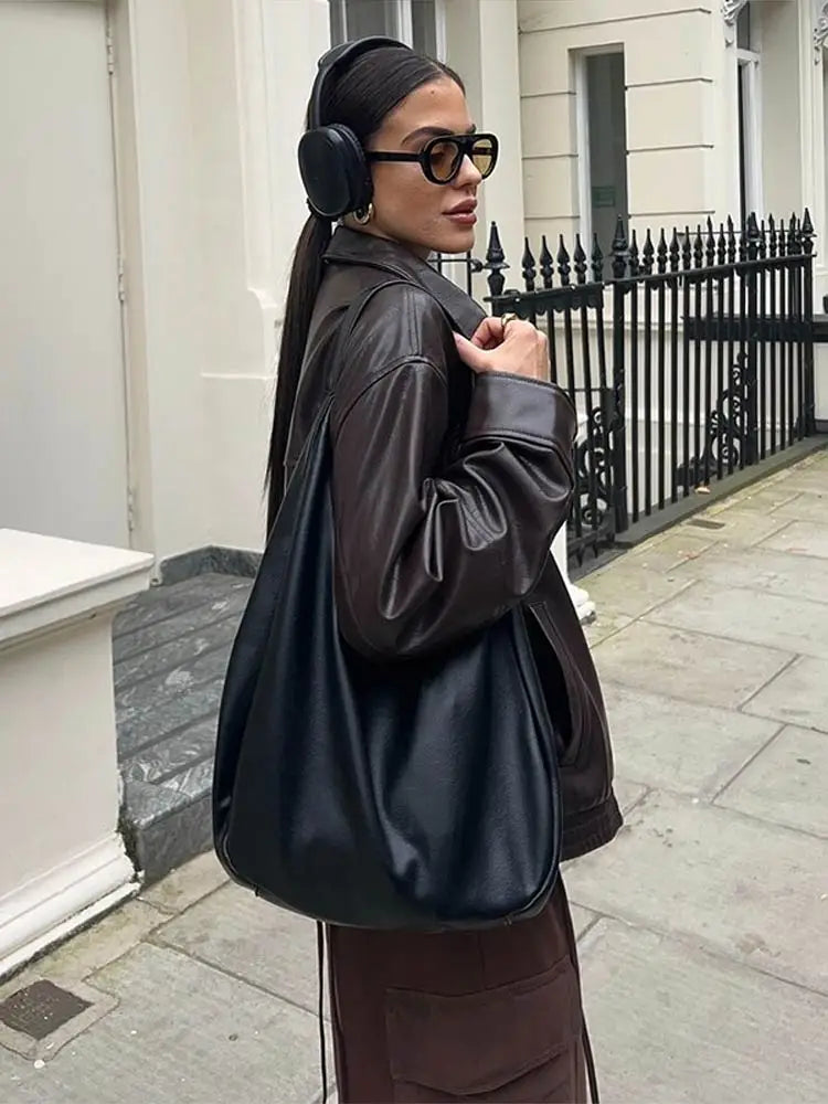 Vintage Textured Leather Jacket Coat Matte Zipper Lapel Commuting Loose Women Motorcycle Jackets Street Trendy Short Outwear Top