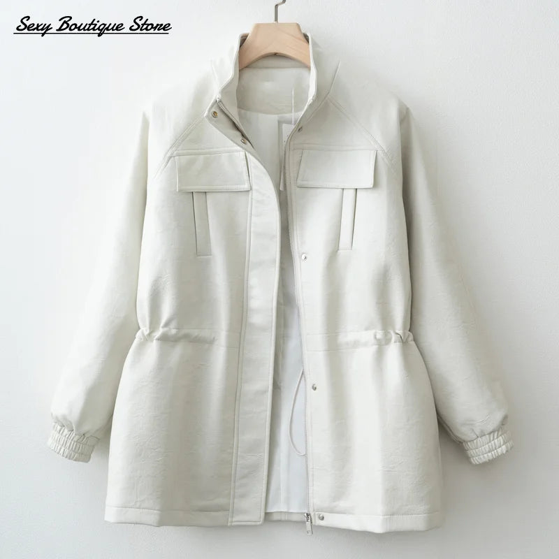 Autumn Winter Pu Leather Jacket For Women Solid Full Sleeve Elastic Adjustable Waist Coat 2025 New Lady Fashion Casual Outwears