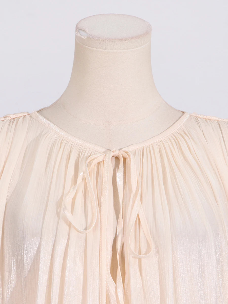 GALCAUR Solid Loose Splicd Lace Up Dresses For Women V Neck Long Sleeves Patchwork Ruffles Tunic Dreses Female Fashio New