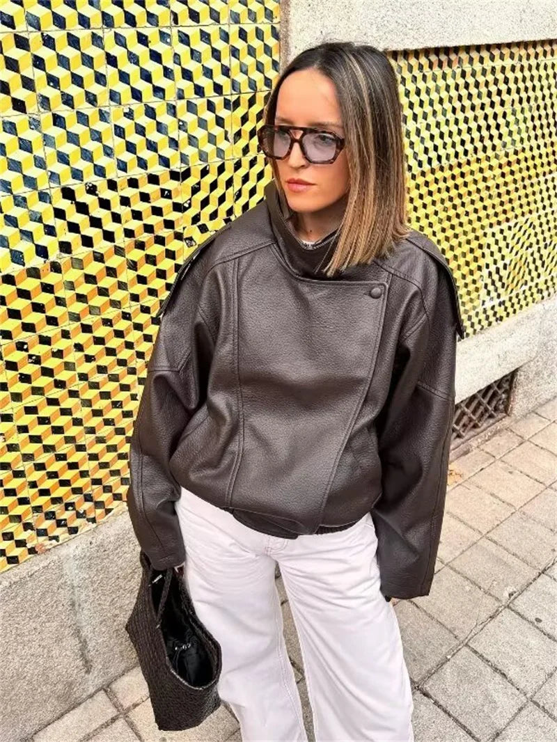Women's Jacket Fall 2025 New Black Long Sleeve Pebble Faux Leather Jacket Motorcycle Style Personality Fashion