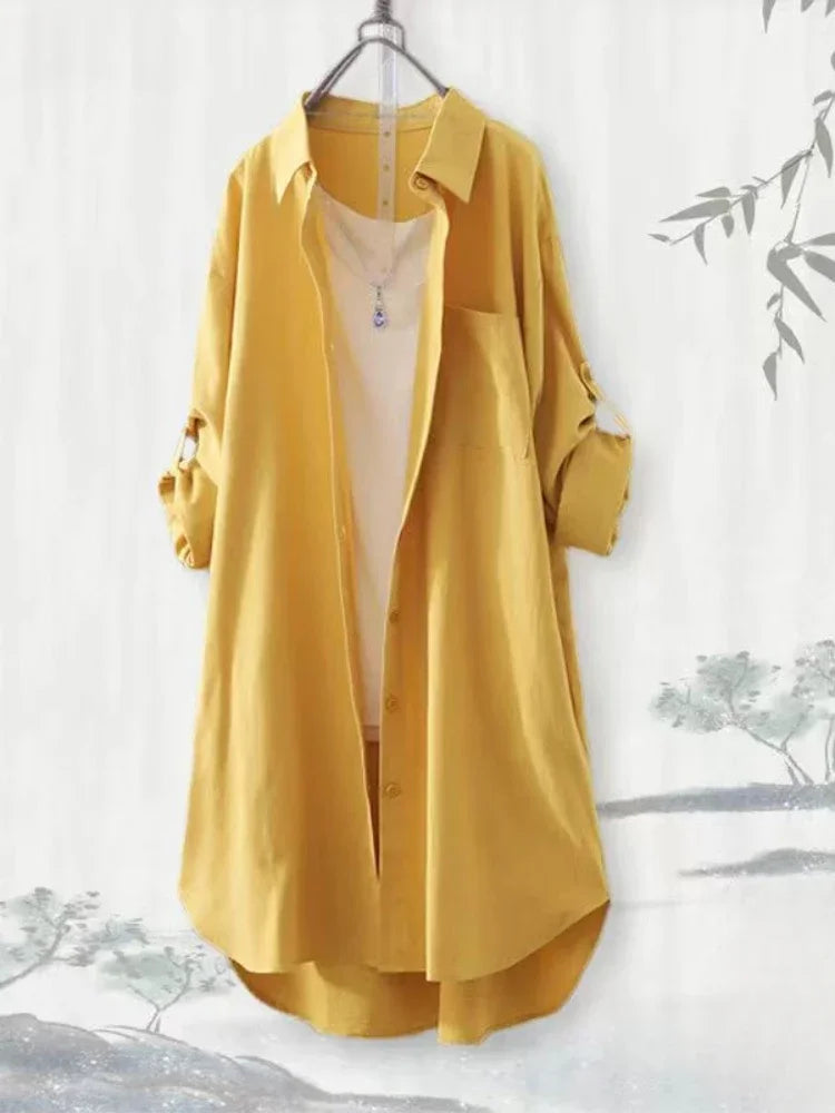 Plus Size Loose Breathable Blouses Midi Shirt Korean Casual Autumn Shirts Women Simple Solid Female Long Sleeved Shirts - SalmanStore 