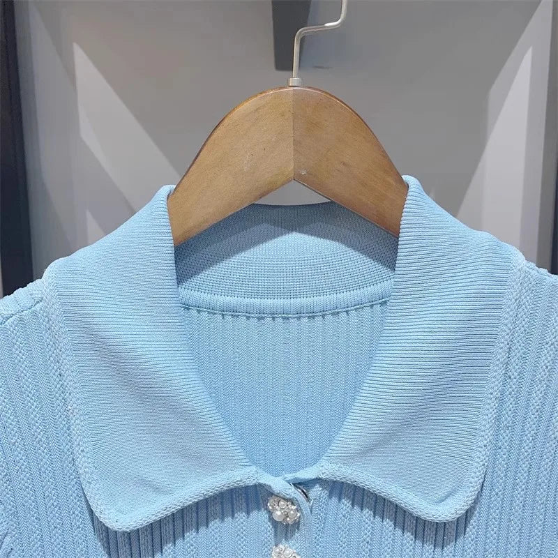 2024 Spring/Summer New Polo Neck Short Sleeve Knitted Dress Y2K Fashion Commuter Elastic Slim Fit Multi Pocket Wrapped Hip Skirt