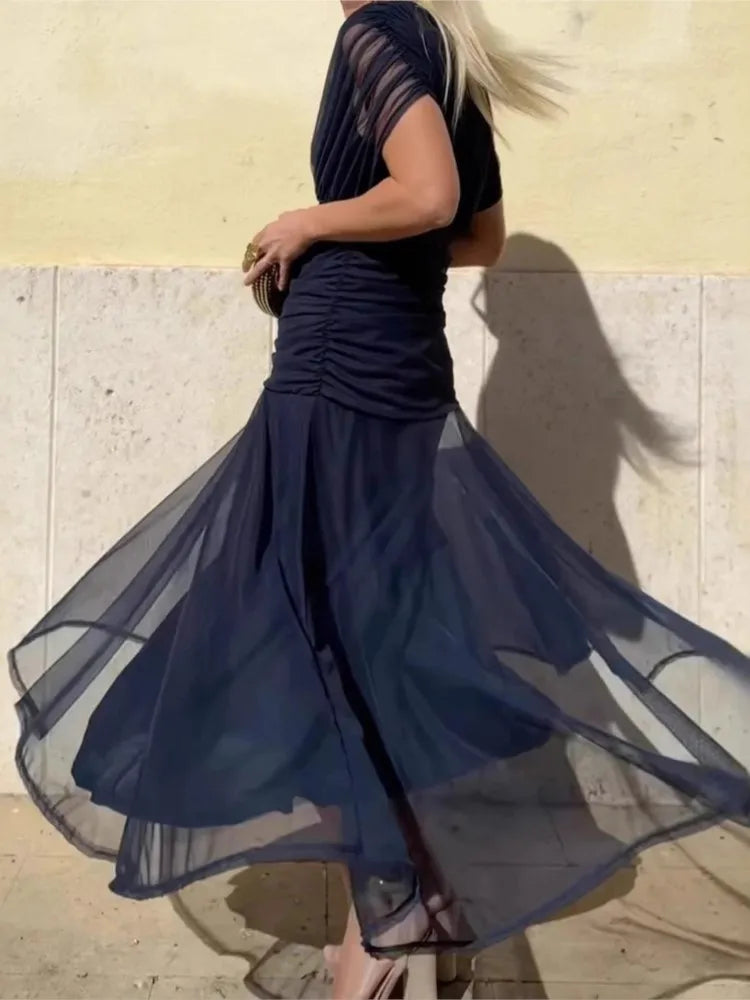 Floral Print High Waist Pleat Party Dress Elegant Women Bat Sleeve Swing Casual Dress Female Chest Low Cocktail A-Line Dress - SalmanStore 