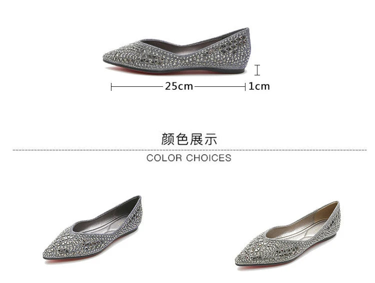 famous brand rivets flats women pointed toe glitter beading ballerian shoes shallow mouth sequined cloth moccasins plus size 43