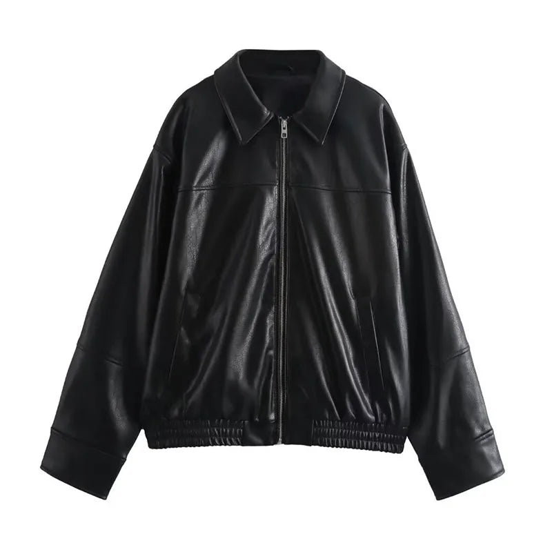 Vintage Textured Leather Jacket Coat Matte Zipper Lapel Commuting Loose Women Motorcycle Jackets Street Trendy Short Outwear Top