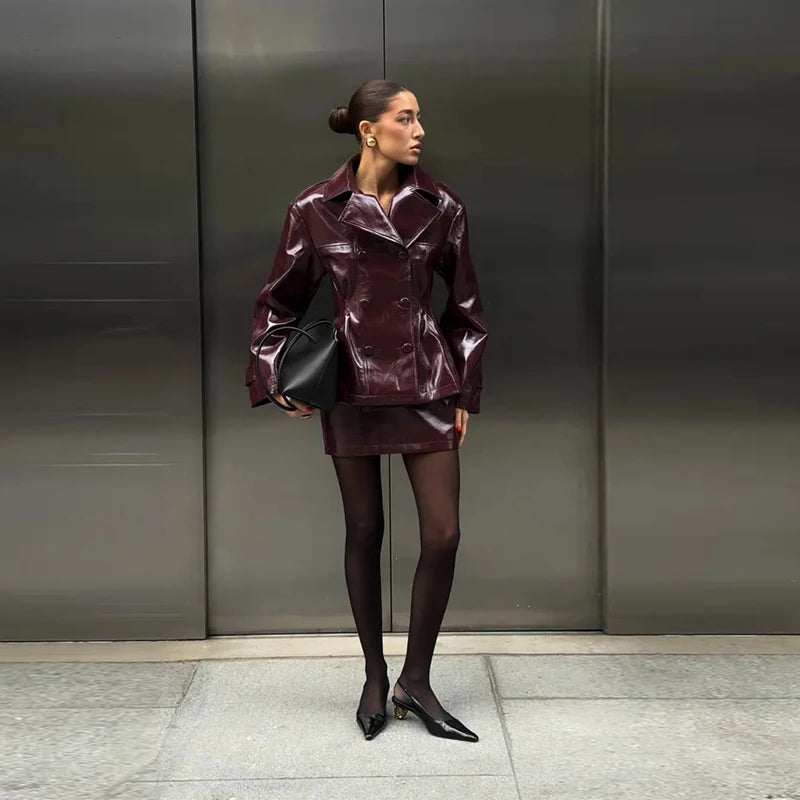 Retro Leather Blazers Short Skirts Suit Women's Stylish Lapel Double-breasted Jackets 2025 New Autumn Winter Ladies Streetwear