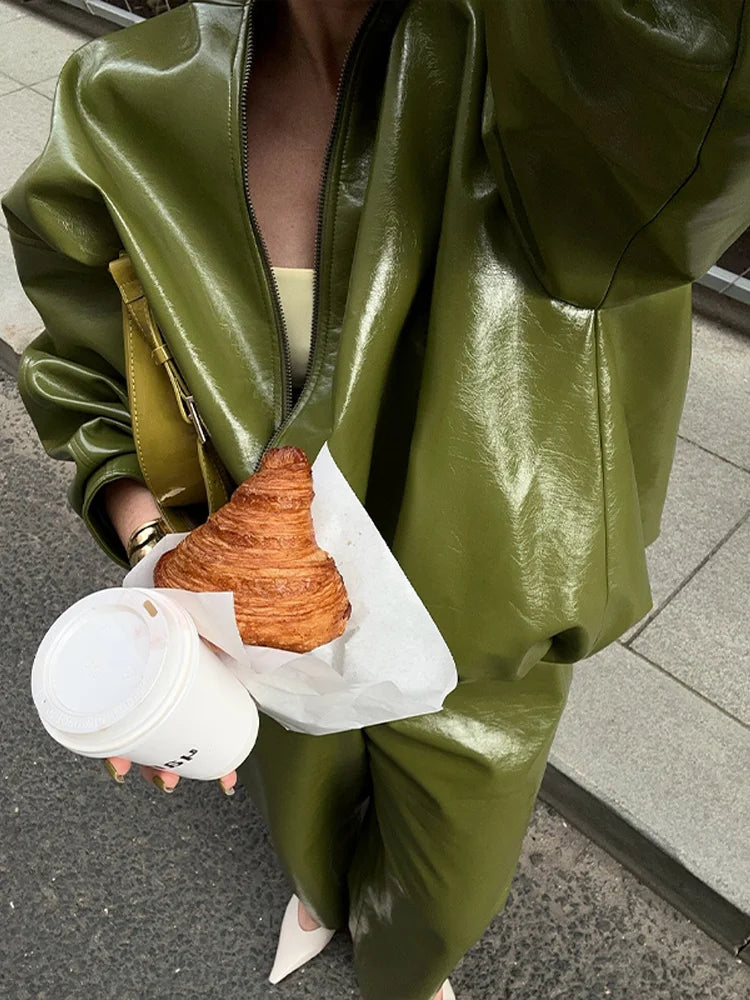 Vintage Green Leather Skirts Jackets Suit Women's Slim Zipper Coat With Pocket Split Skirt 2025 New Winter Autumn Ladies Outwear