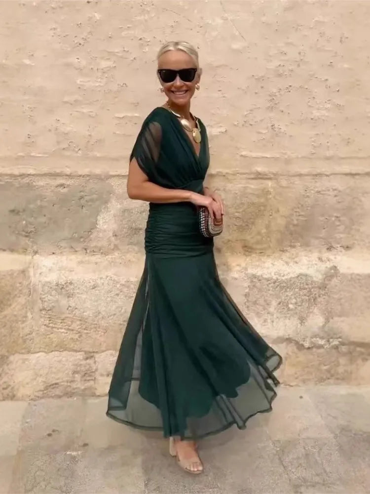 Floral Print High Waist Pleat Party Dress Elegant Women Bat Sleeve Swing Casual Dress Female Chest Low Cocktail A-Line Dress - SalmanStore 