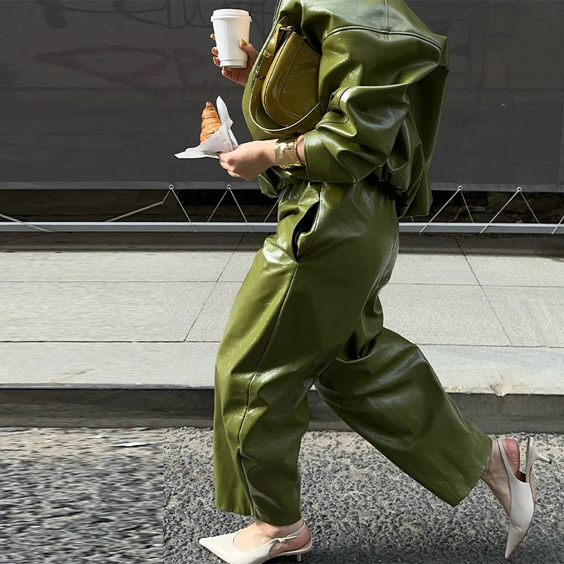 Street Zipper Leather Jackets Skirts Sets Women Loose Stand Collar Full Sleeve Coat Straight Skirt 2025 Autumn Winter Lady Suit