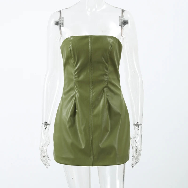 Vintage Green Leather Skirts Jackets Suit Women's Slim Zipper Coat With Pocket Split Skirt 2025 New Winter Autumn Ladies Outwear